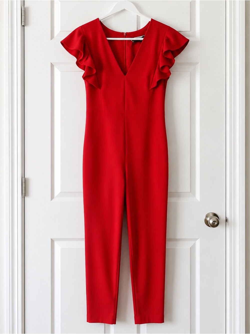 Black Halo Red Ruffle-Sleeve V-Neck Jumpsuit